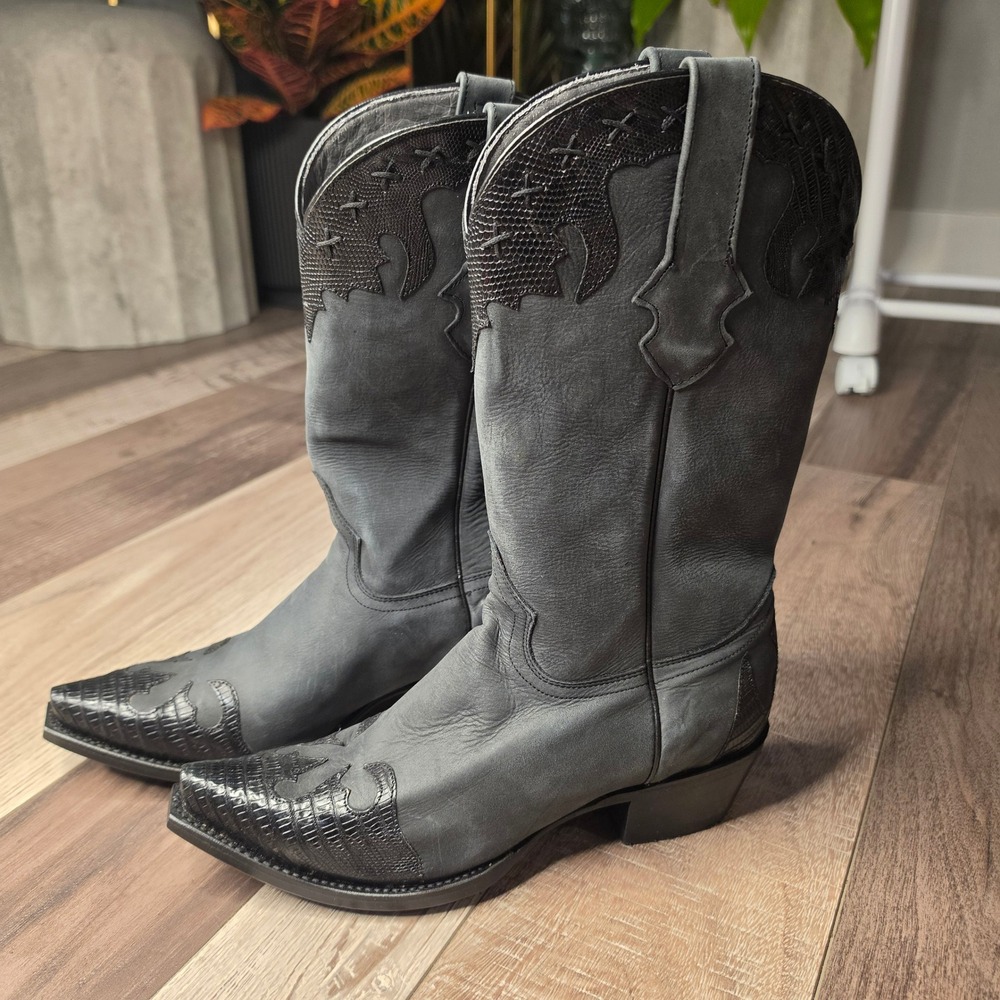 Los Altos Cowboy Boots Women 10.5M Black Leather Teju Lizard Exotic Western Boho